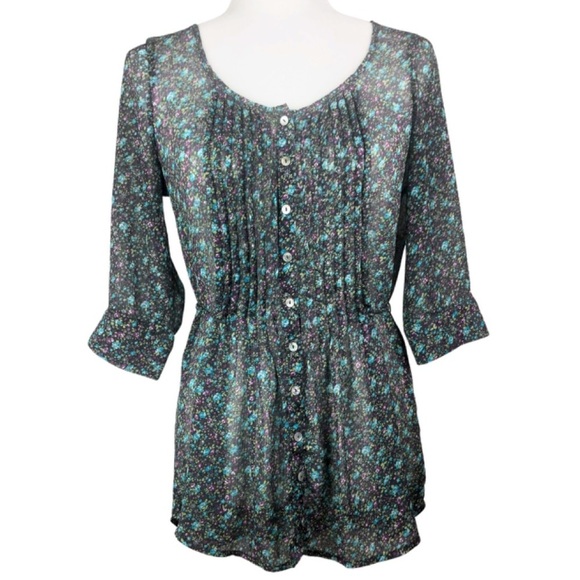 Sound & Matter Women’s Cottagecore Floral Button Down Sheer 3/4 Sleeve Blouse - Picture 4 of 16